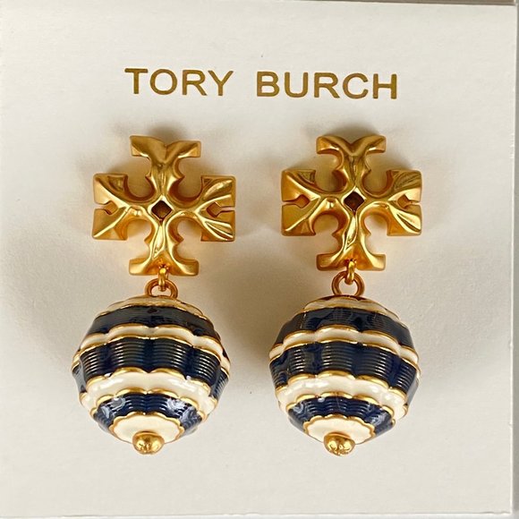 Auth NEW Tory Burch Navy New Roxanne Small Drop Stripe Earrings w/Card/Bag $168 - Picture 6 of 7